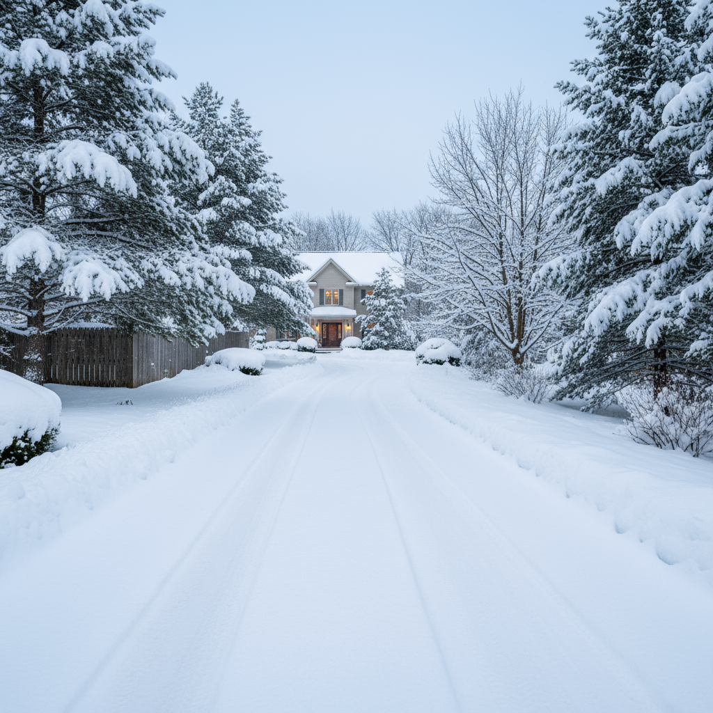 Driveway covered in snow during winter