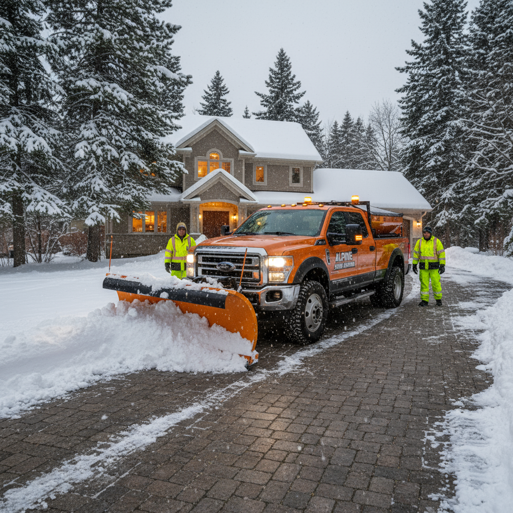 Professional snow plow service on driveway