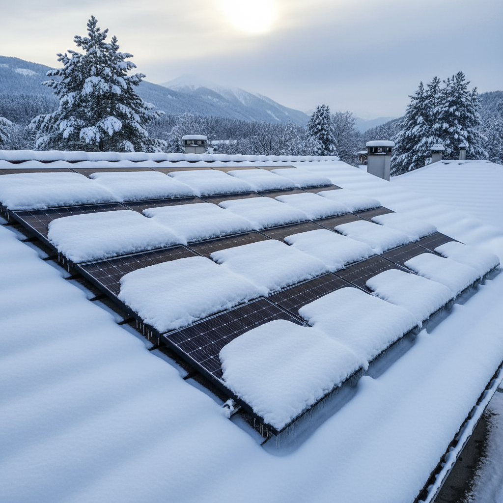 Solar panels covered in snow during winter